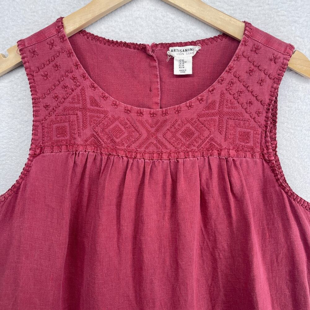 ARTISAN NY Dress M Linen Cross Stitch Embroidered Smocked Shift Tank Pink Red - Picture 4 of 11